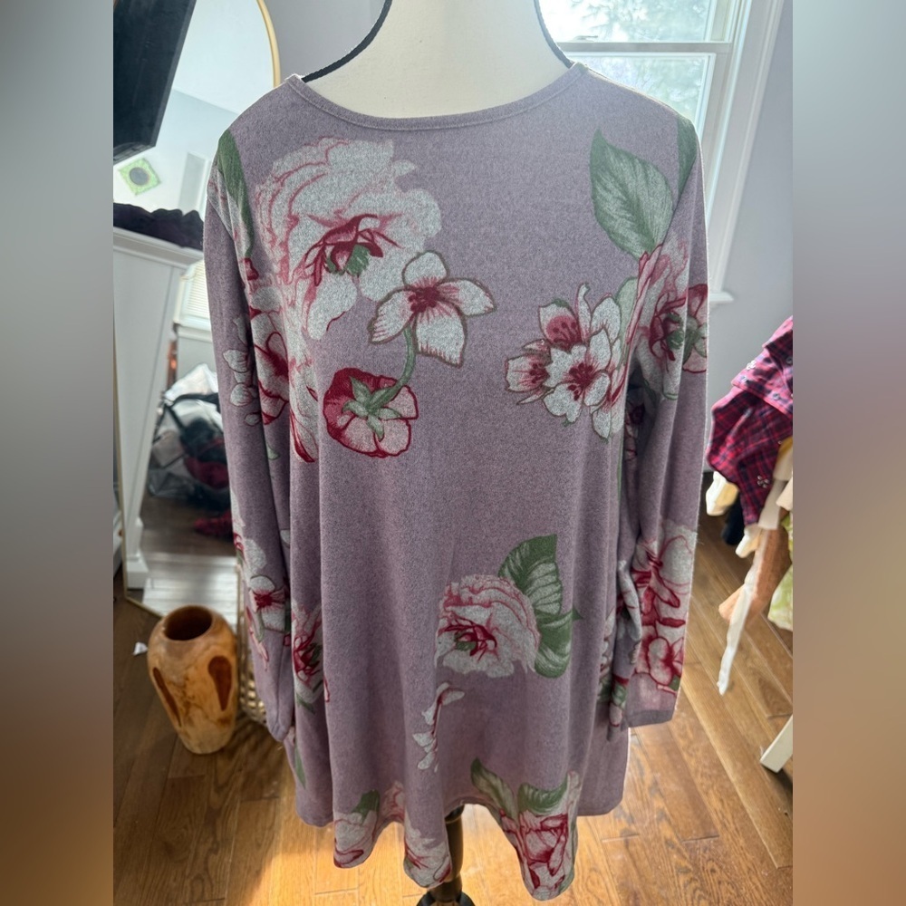Floral Long Sleeve Women's Tunic or Dress in Purple and Green